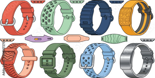 Colorful Smartwatch Band and Strap Collection with Various Texture Designs for Fitness Trackers and Wearable Devices Accessory Set Isolated on White Background for Tech Mockups