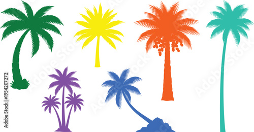 Colorful Palm Tree Silhouette Vector Set with Tropical Coconut Trees and Exotic Island Plants for Summer Travel, Beach Vacations, and Nature Themed Designs