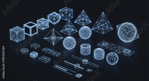 Futuristic Holographic Display of Geometric Shapes and Technological Gadgets.