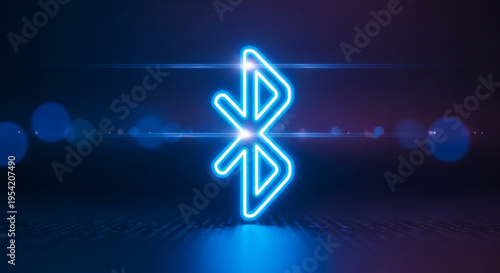Glowing blue bluetooth symbol with neon light effect on dark background with bokeh
