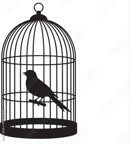 Bird in cage silhouette showing songbird perched inside round metal enclosure representing captivity and pet bird keeping themes in black