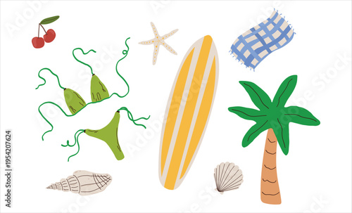 Dopamine Beach Vacation Elements Set with Surfboard, Bikini, Palm Tree and Sea Shells. Hand Drawn Tropical Holiday Icons