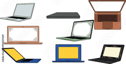 Laptop and Notebook Computer Vector Icon Set Featuring Various Angles and Colors for Technology Projects, Remote Work, Freelance Business, and Digital Device UI Designs
