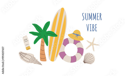 Dopamine Vector illustration with surfboard, palm tree, lifebuoy and beach accessories.