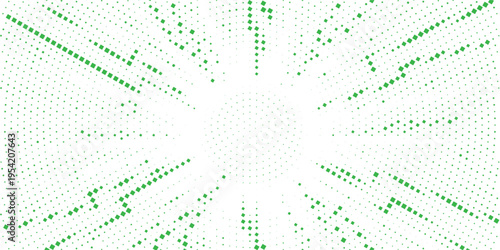 Vibrant green radial burst pattern of dots and squares expanding outwards on a clean white background, conveying growth and positive energy.