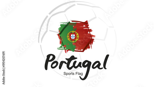 Abstract soccer ball sport icon label banner with Portugal national flag ribbon handwritten typography lettering