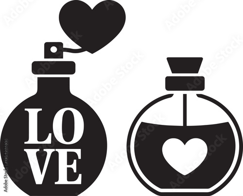 Love perfume bottles silhouette featuring heart shaped sprayer and liquid content for romantic beauty and cosmetic product advertisements