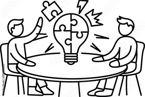 Minimalist line art illustration of three people sitting around table with puzzle piece light bulb symbolizing teamwork collaboration problem solving brainstorming meeting concept