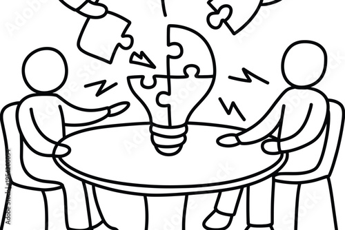 Minimalist line art illustration of three people sitting around table with puzzle piece light bulb symbolizing teamwork collaboration problem solving brainstorming meeting concept