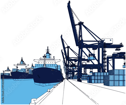 Container Cargo Port Terminal Flat Vector Illustration