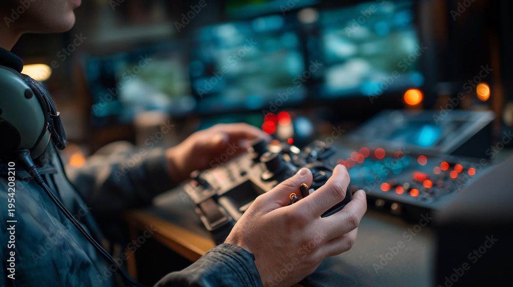 Fototapeta premium Close up of hands wearing a headset operating a drone strike control console with multiple screens showing aerial surveillance feeds and mission status indicators one hand on