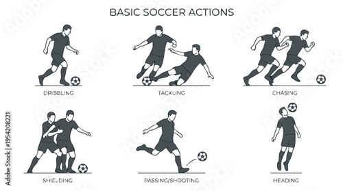 Collection of basic soccer actions showing players dribbling passing tackling and shooting in various on-field movements and poses