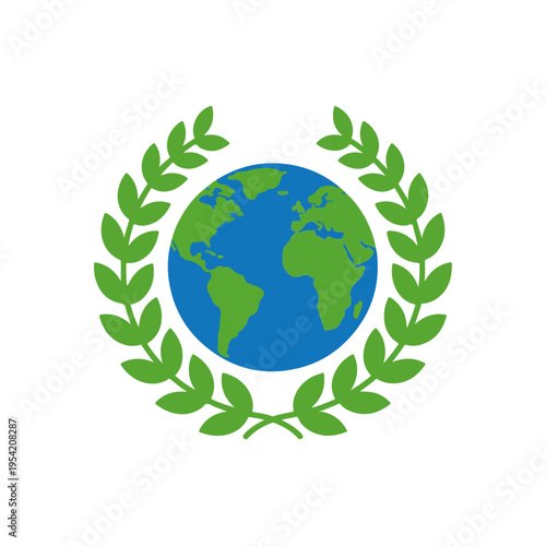Globe Earth Laurel Wreath Flat Vector Logo Template