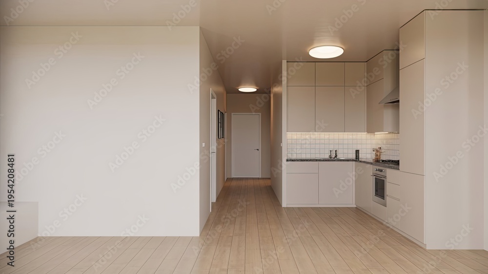 Obraz premium A modern kitchen with white cabinets and light wood floors in an empty apartment
