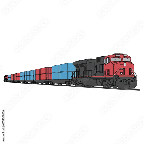 Red Black Freight Train With Shipping Containers Vector Illustration
