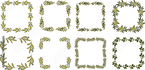 Mediterranean vintage frame set of green olive branch plants