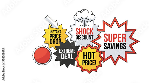 Collection of colorful comic-style sale and discount labels with phrases like shock, hot price, super savings, instant price drop, and more on black background
