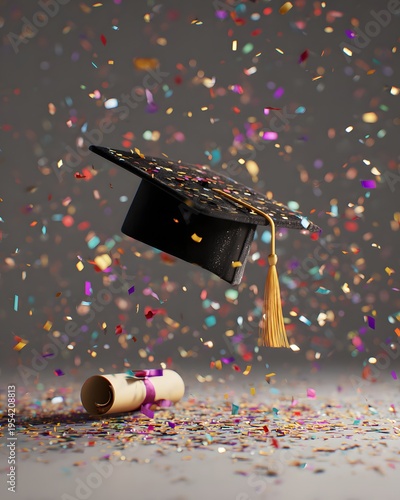 Confetti Falling Around Graduation Cap and Diploma on Clean Background