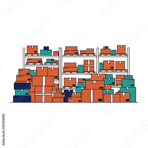 Warehouse Shelf Stacked Shipping Boxes Flat Vector Illustration