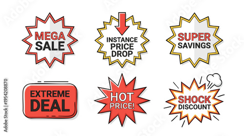 Collection of colorful promotional sale and discount tags with bold text and striking starburst designs on black background for marketing and advertising