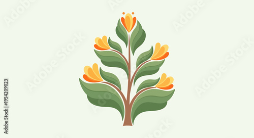Stylized illustration of a delicate plant with blooming buds and leaves, on a light green background