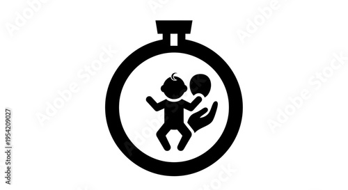Illustration of a baby being cradled in a hand within a stopwatch symbol, representing time and childcare