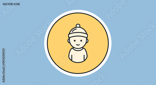 Minimal Baby Character Logo in a Yellow Circle. Adorable Infant Profile Icon with Hat – Simple Outline Vector Illustration for User Interface and Childhood Badge Design