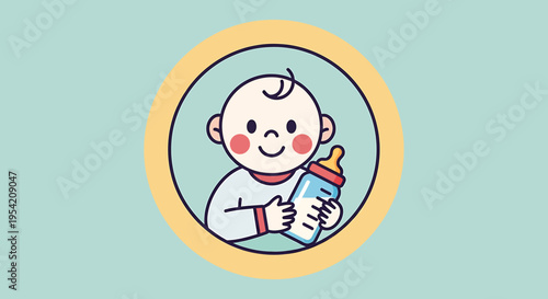 Smooth, minimalist illustration of a happy baby holding a feeding bottle. Organic design for infant care, early childhood, and nurturing moments