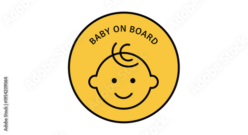 Minimalist Yellow 'Baby On Board' Safety Sign Design with a Cute, Simple Infant Face Illustration, Perfect for Vehicle Awareness