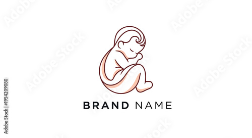 Organic line art illustration of a sleeping newborn baby in a curled, peaceful pose, perfect for baby care, health, or maternity brand logos, depicting serenity and comfort