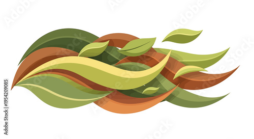Dynamic Vector Illustration of Flowing Green and Brown Leaves, Capturing Nature's Movement and Organic Harmony for Design Backgrounds