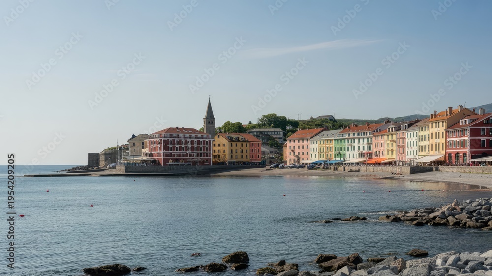 Obraz premium A picturesque coastal town with colorful buildings and calm waters