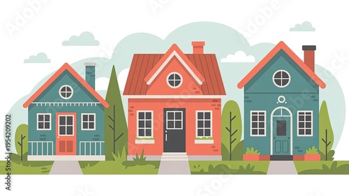 Three colorful houses in a suburban neighborhood with trees and grass