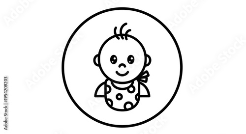 A charming hand-drawn icon featuring a cheerful baby's face with a bib, enclosed in a simple circle, perfect for various design needs