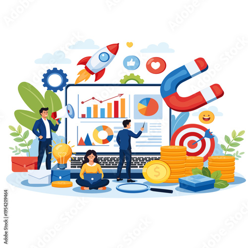 Digital Marketing Strategy and Business Growth Concept with Analytics Dashboard, Magnet, Target and Startup Elements”