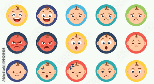 Set of cartoon baby faces expressing various emotions like joy, sadness, anger, and sleep, perfect for representing feelings and expressions in design