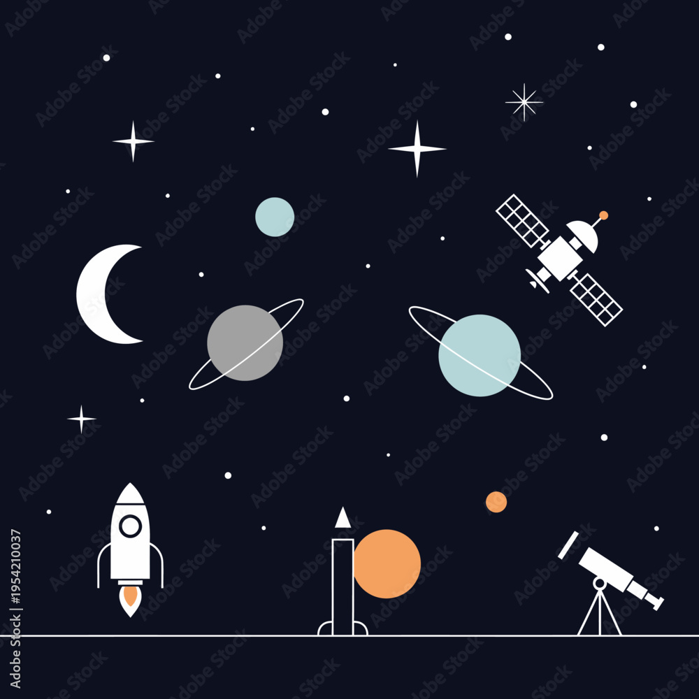 Fototapeta premium Space Exploration: Rocket, Satellite, Telescope, Planets, Moon, Stars