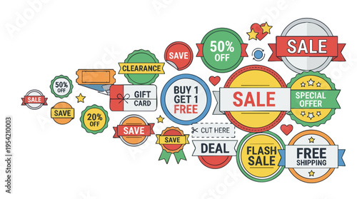 Collection of colorful sale and discount tags for shopping and online deals in various sizes and styles, emphasizing discounts and promotional offers