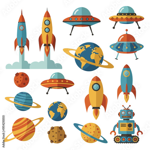 Space exploration set: rockets, UFOs, planets, robot, stars, cartoon style