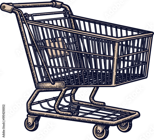 An empty shopping cart with wheels on a plain background for commerce