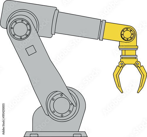 A robotic arm with a yellow claw is extended in a factory setting