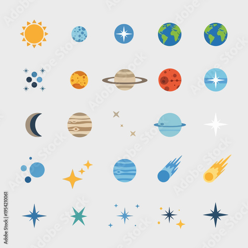 Space Icons: Planets, Stars, Sun, Earth, Moon, Comets, Asteroids, Galaxies, Universe