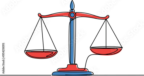 A colorful illustration of a balance scale with red plates and a blue frame