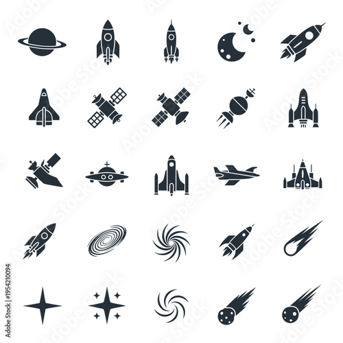 Space Icons Set: Rockets, Planets, Satellites, Galaxies, UFOs, and Stars