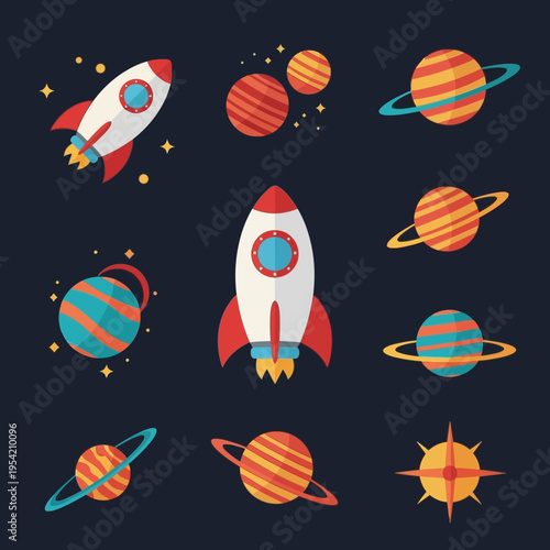 Space Rocket and Planets Collection Vector Illustration