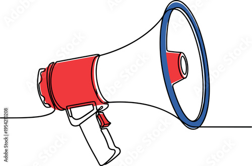 A red and white megaphone with a blue rim on a white background