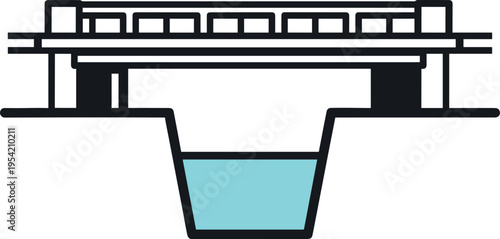 An engineering illustration of a bridge with a water reservoir underneath