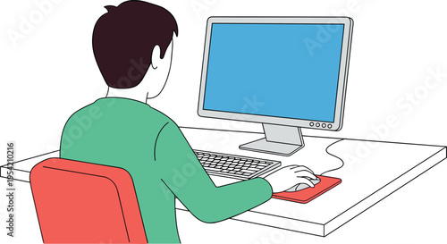 A man sits at a desk working on a computer with a red mouse