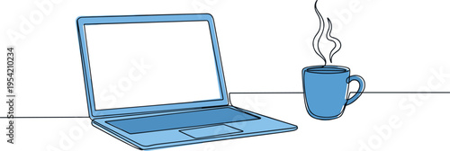 A blue laptop and steaming cup of coffee on a desk