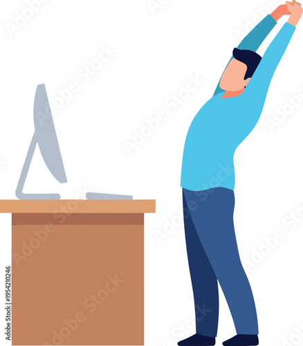 Man stretching at his desk in a modern office environment